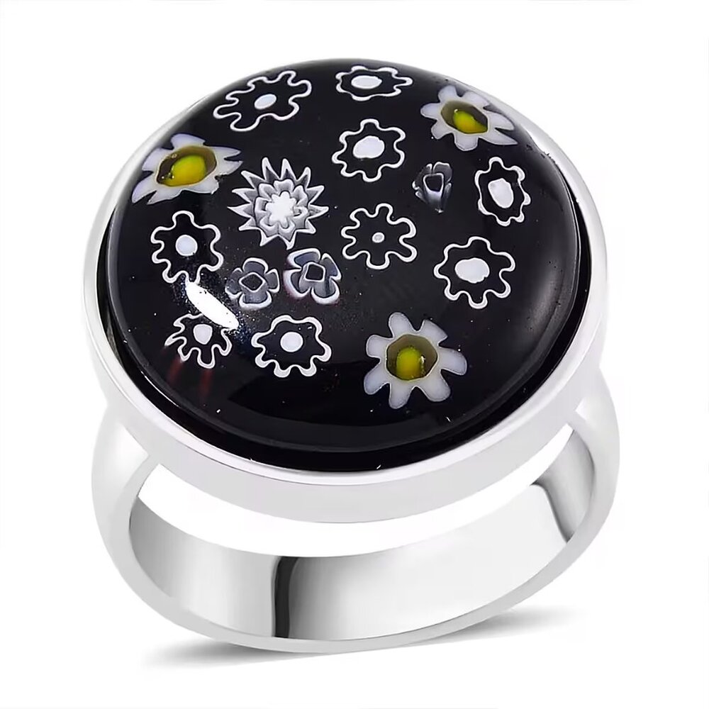NEW Black Murano Flower Design Ring in Stainless Steel in Size 8